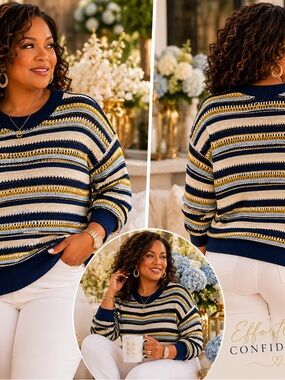 Ophelia Roe Striped Crew Neck Sweater - Navy, Cream & Gold